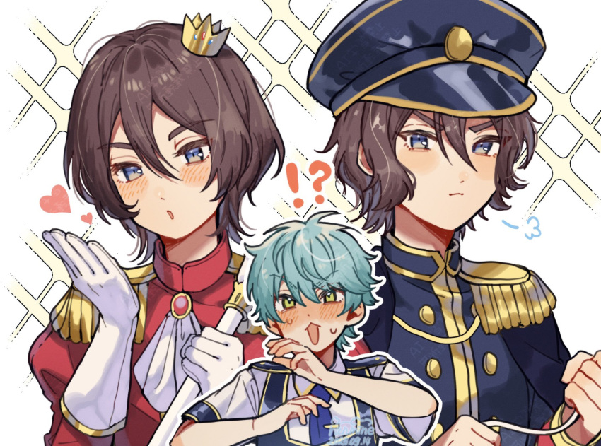 !?, 2boys, aiguillette, ascot, black_hat, black_jacket, blowing_kiss, blue_eyes