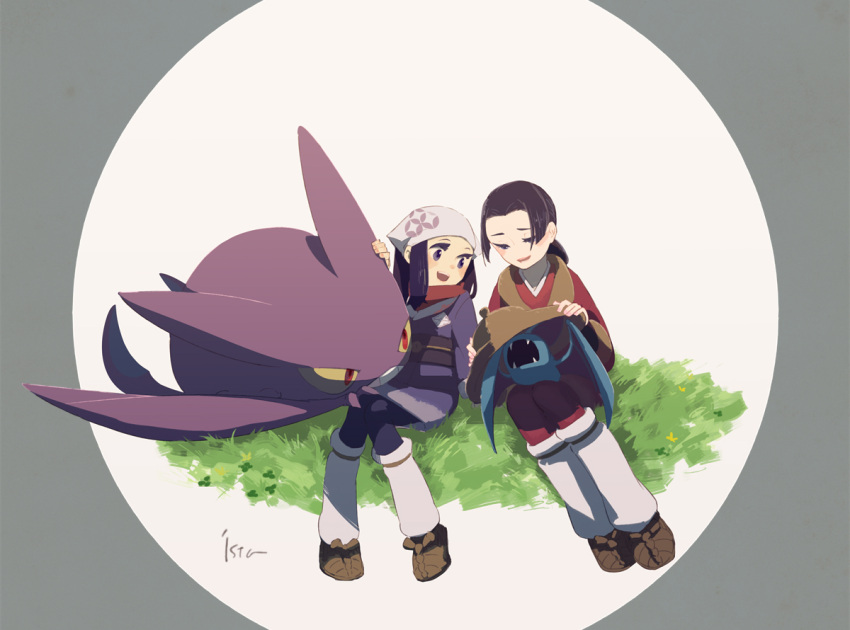 1boy, 1girl, akari_(pokemon), alpha_pokemon, bat_(animal), black_hair, black_pantyhose, black_sash
