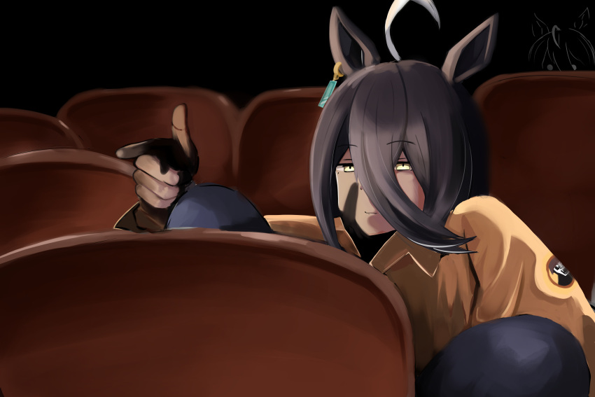 1girl, absurdres, ahoge, animal_ears, black_hair, brown_jacket, chair, closed_mouth