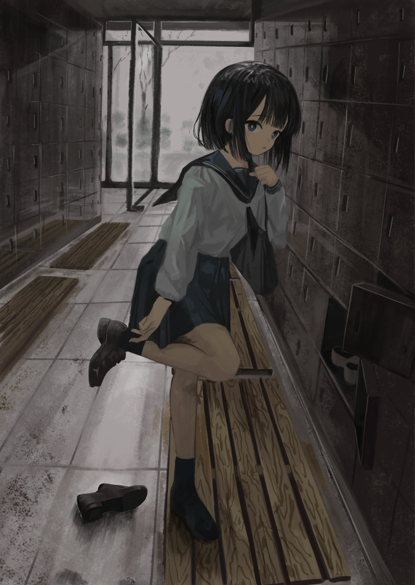 1girl, absurdres, adjusting_footwear, bag, black_bag, black_hair, black_neckerchief, black_sailor_collar