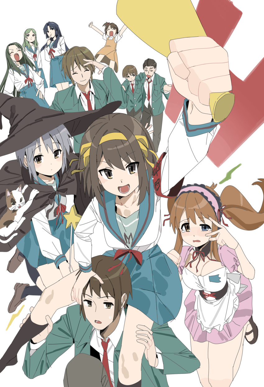 4boys, 6+girls, absurdres, apron, armband, asahina_mikuru, asakura_ryoko, black_hair