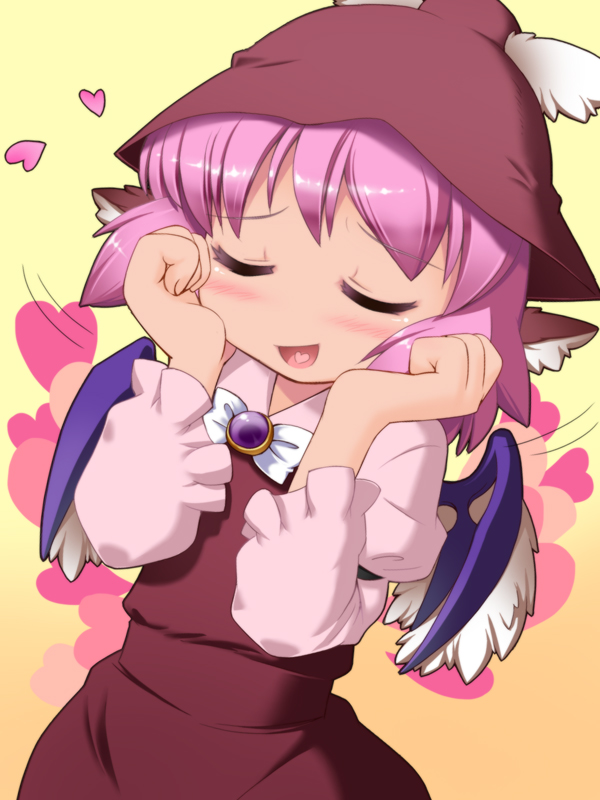 animal_ears, blush, brooch, bust, closed_eyes, eyes_closed, hat, heart