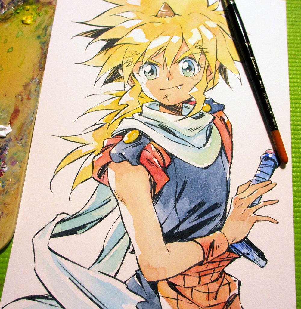 1boy, agahari, art_brush, art_tools_in_frame, black_tunic, blonde_hair, blue_eyes, closed_mouth
