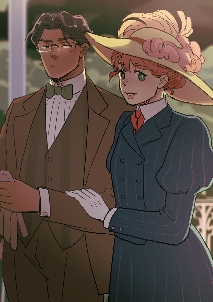 1boy, 1girl, bow, bowtie, closed_mouth, dark-skinned_male, dark_skin, dress, edward_hargrieve, glasses, gloves, green_eyes, grin, hat, highres, lips, long_sleeves, ollie_(sframboob), orange_hair, original, parted_lips, puffy_sleeves, sframboob, shirt, short_hair, sketch, smile, suit, updo, very_short_hair, white_gloves, white_shirt