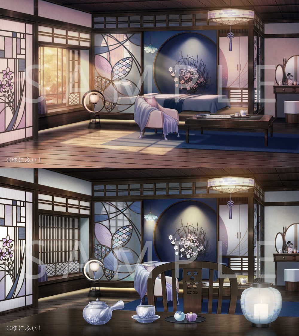 akechi_mitsuki, architecture, armchair, azuma_hatori, bed, bedroom, blanket, book