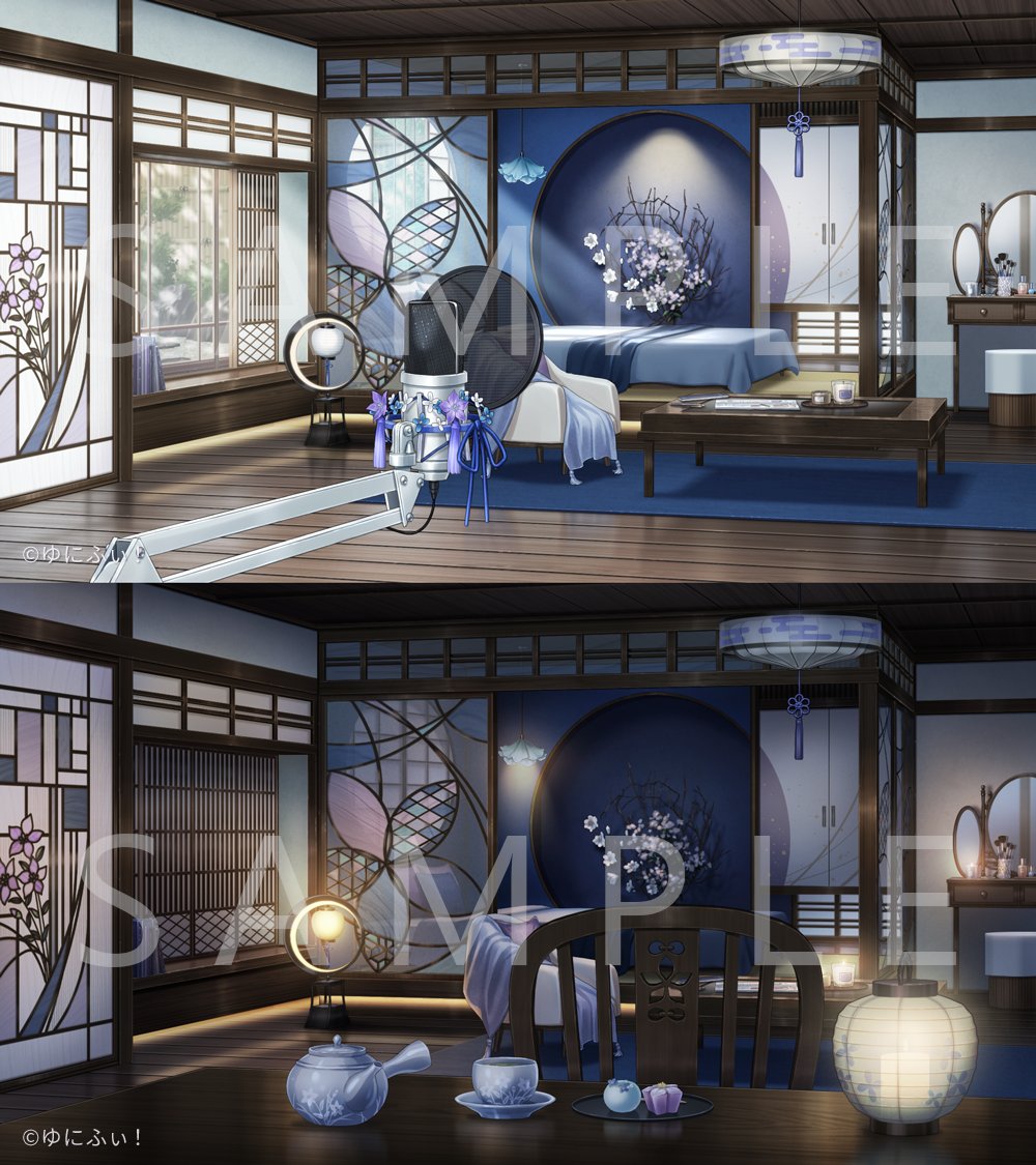 akechi_mitsuki, architecture, armchair, azuma_hatori, bed, bedroom, blanket, blue_flower
