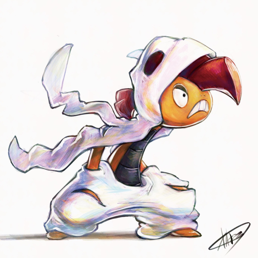 black_eyes, commentary_request, full_body, grimace, hands_in_pockets, kaosu_(kaosu0905), mega_pokemon, mega_scrafty, no_humans, pokemon, pokemon_(creature), pokemon_legends:_z-a, scrafty, signature, simple_background, solo, standing, white_background