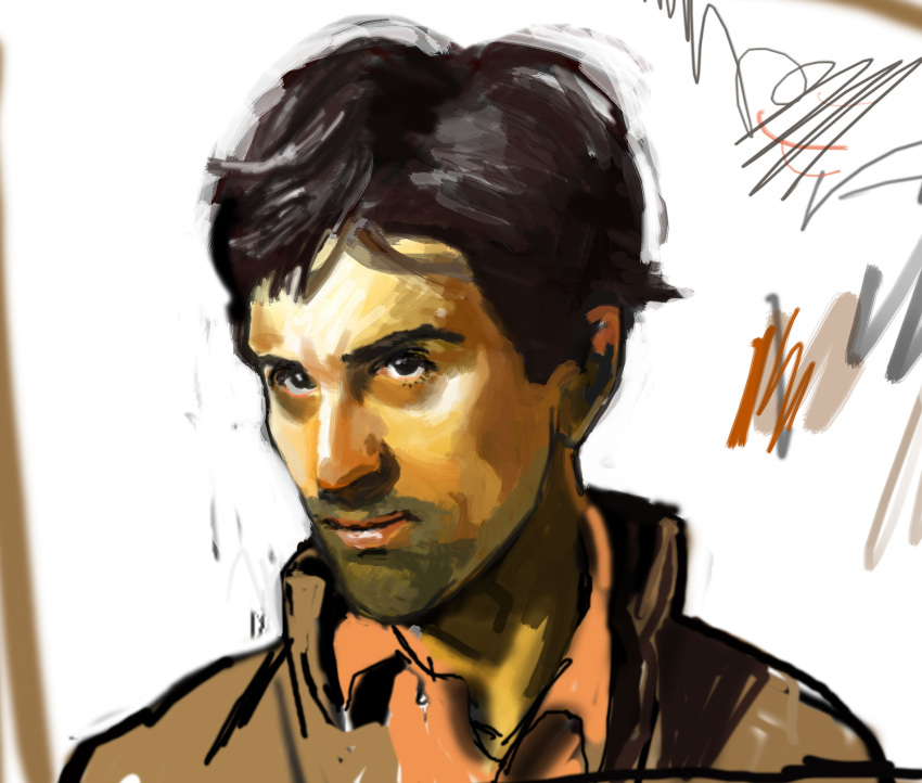 1boy, beard_stubble, black_hair, blue_eyes, collared_jacket, derawest, facial_hair, green_jacket