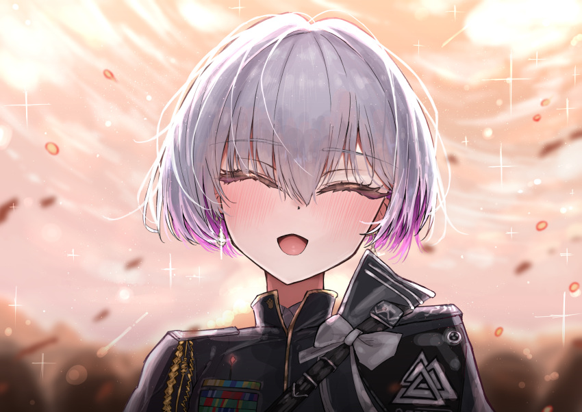 1girl, :d, ^_^, absurdres, blush, closed_eyes, commentary_request, earrings, epaulettes, facing_viewer, goddess_of_victory:_nikke, grey_hair, highres, iwazaki, jewelry, liliweiss_(nikke), military_uniform, purple_hair, short_hair, smile, solo, variant_set