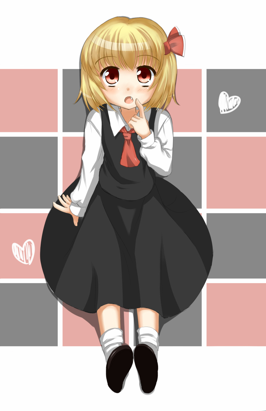 absurdres, ascot, blonde_hair, child, dress_shirt, fang, hair_ribbon, heart, highres, kazari_s, red_eyes, ribbon, rumia, shirt, short_hair, sitting, solo, the_embodiment_of_scarlet_devil, touhou, youkai
