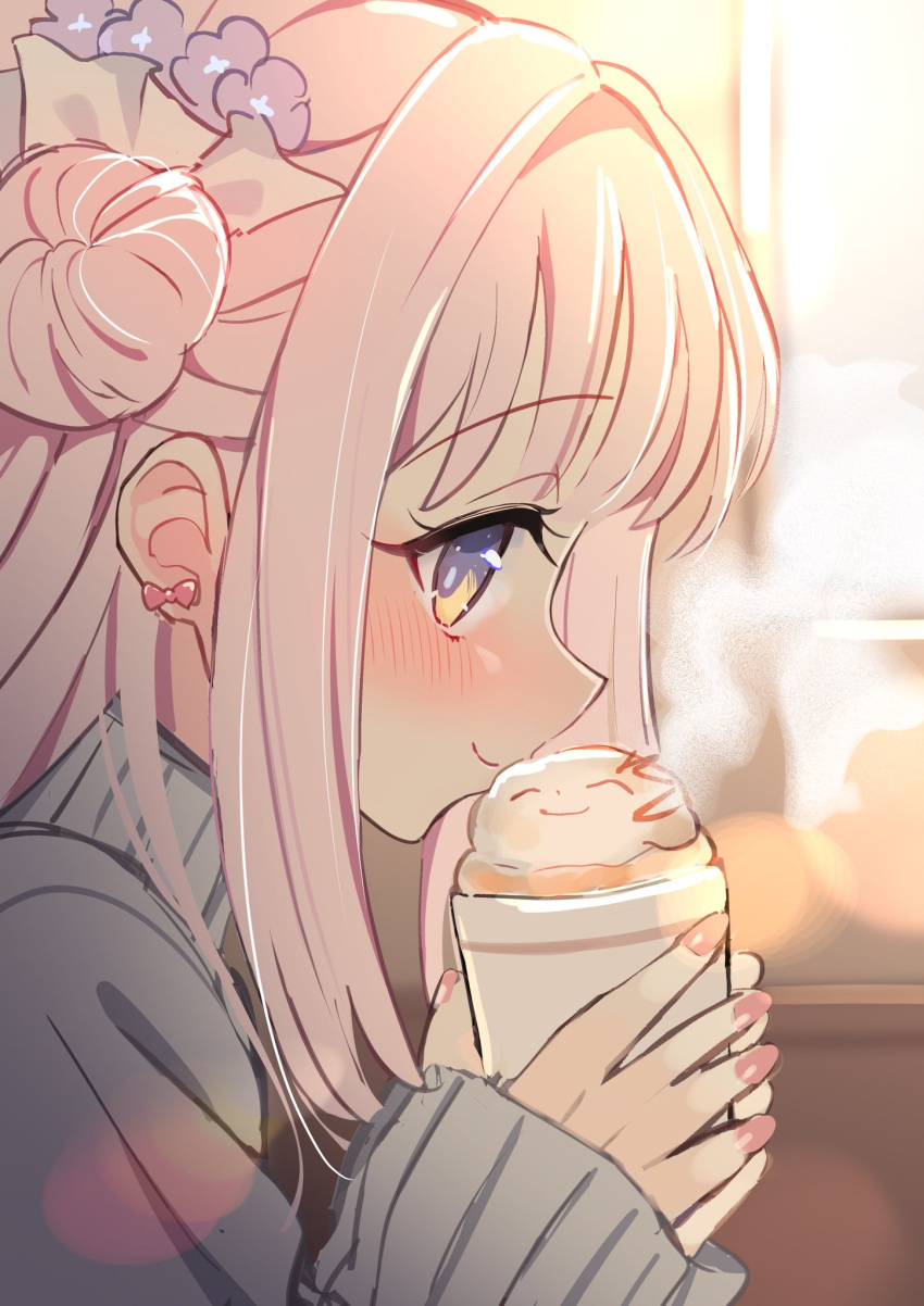 1girl, alternate_costume, blue_archive, blurry, blurry_background, blush, bow, bow_earrings