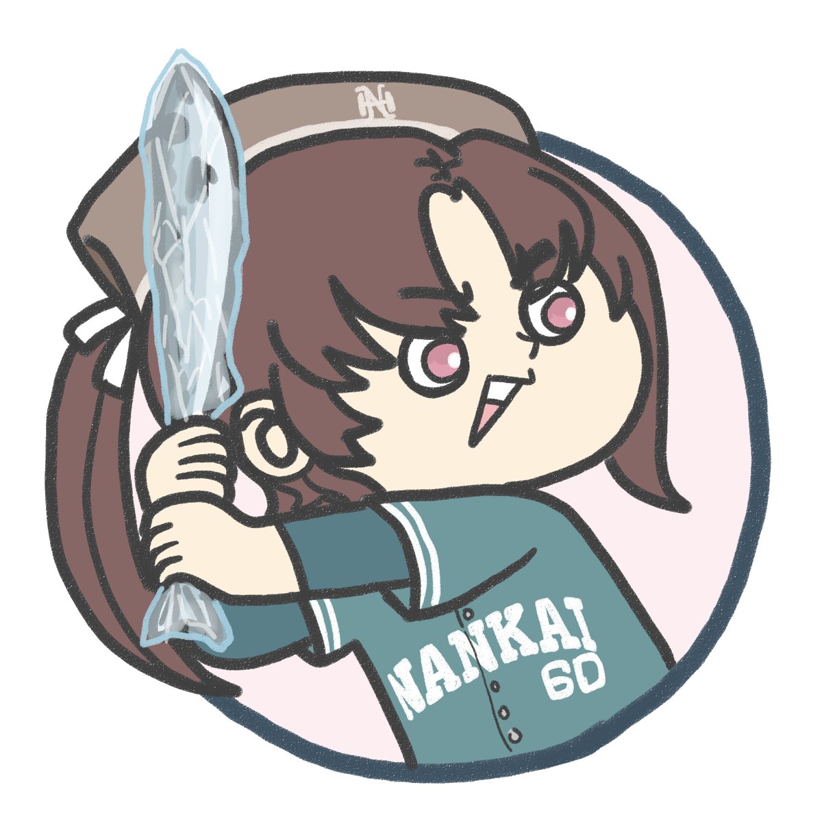 1girl, bandana, baseball_jersey, batting_stance, blue_shirt, brown_bandana, brown_hair, character_name