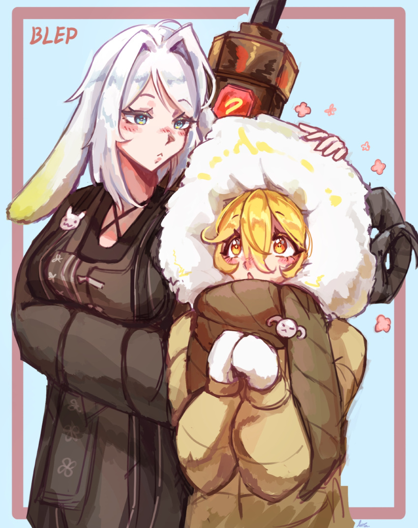 2girls, animal_ears, animal_pin, artist_name, black_robe, bleparts, blonde_hair, blue_eyes