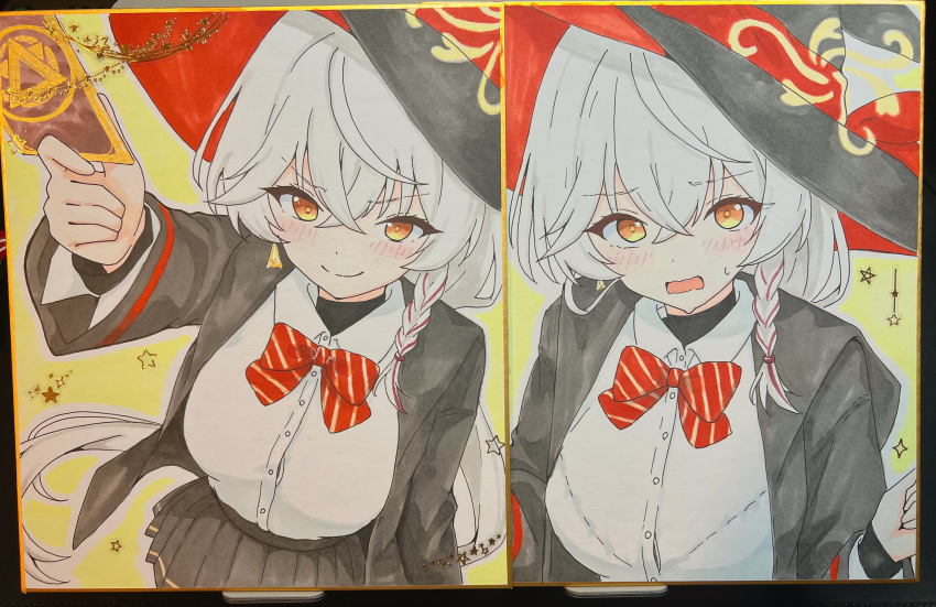 >:), 1girl, absurdres, arm_at_side, black_hat, black_skirt, blue_archive, blush