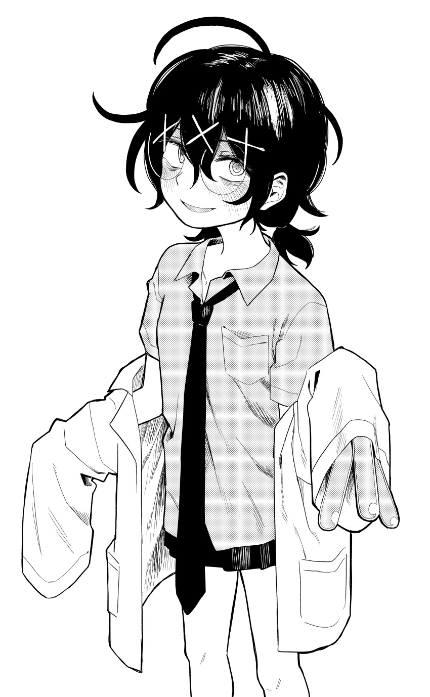 1girl, absurdres, bags_under_eyes, blush, breast_pocket, coat, collared_shirt, commentary_request, dress_shirt, ero_kingdom_ceo, feet_out_of_frame, glasses, grin, hair_between_eyes, hair_ornament, highres, jimiko, lab_coat, long_sleeves, looking_at_viewer, low_twintails, necktie, off_shoulder, open_clothes, open_coat, original, pleated_skirt, pocket, round_eyewear, school_uniform, shirt, short_sleeves, simple_background, skirt, sleeves_past_fingers, sleeves_past_wrists, smile, solo, standing, test_tube, twintails, unkempt, untucked_shirt, x_hair_ornament