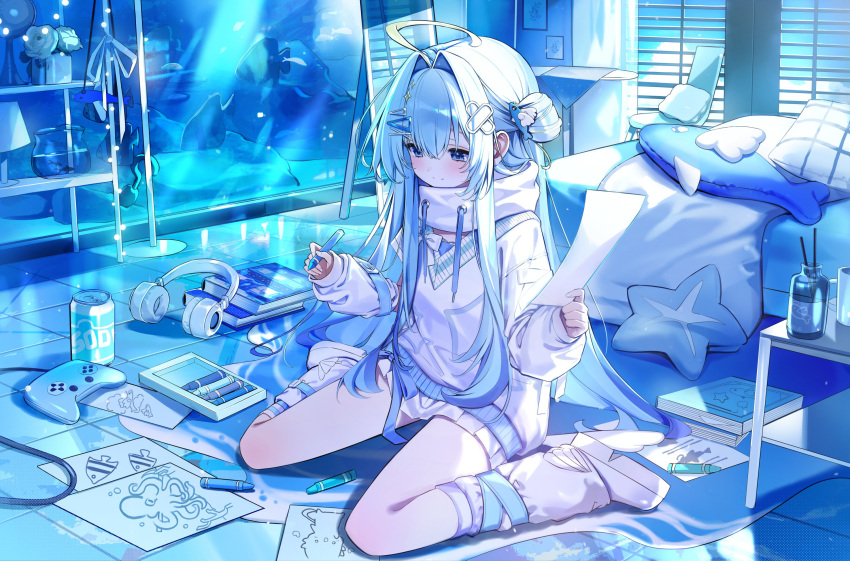 1girl, ahoge, aquarium, bed, blue_eyes, blue_hair, blue_theme, blush