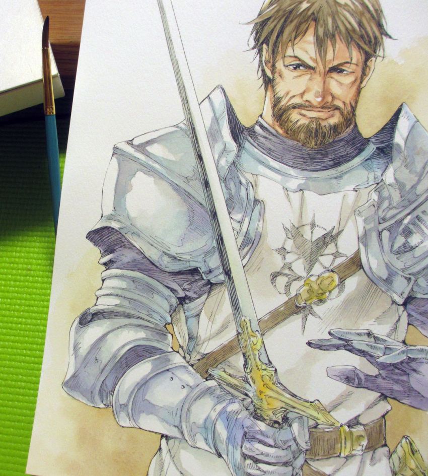 1boy, agahari, armor, beard, belt, black_eyes, black_shirt, brown_belt, brown_hair, closed_mouth, commentary_request, connected_beard, couter, facial_hair, gauntlets, gildas_w._byrne, highres, holding, holding_sword, holding_weapon, knight, light_smile, male_focus, nose, painting_(medium), pauldrons, photo_(medium), rerebrace, sheath, shirt, short_hair, shoulder_armor, solo, surcoat, sword, tactics_ogre, traditional_media, unsheathed, upper_body, very_short_hair, weapon