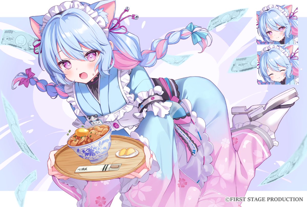 1girl, ^_^, animal_ear_fluff, animal_ears, apron, banknote, blue_hair, blush