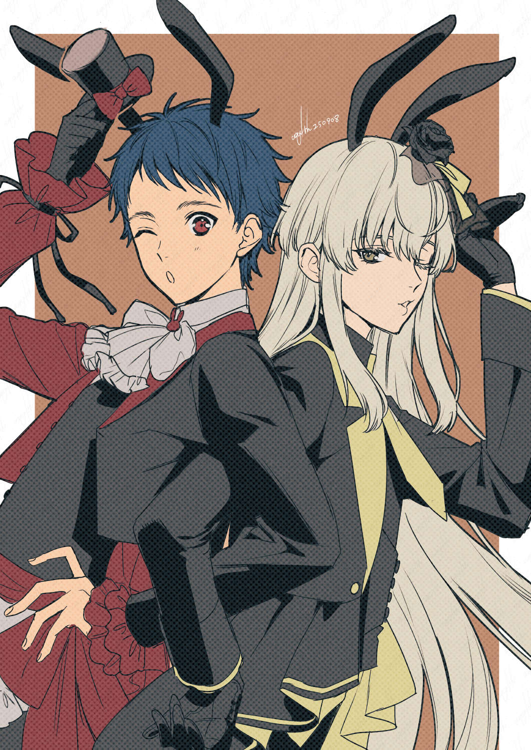 2boys, akua, animal_ears, arm_up, ascot, black_gloves, black_hat, black_jacket