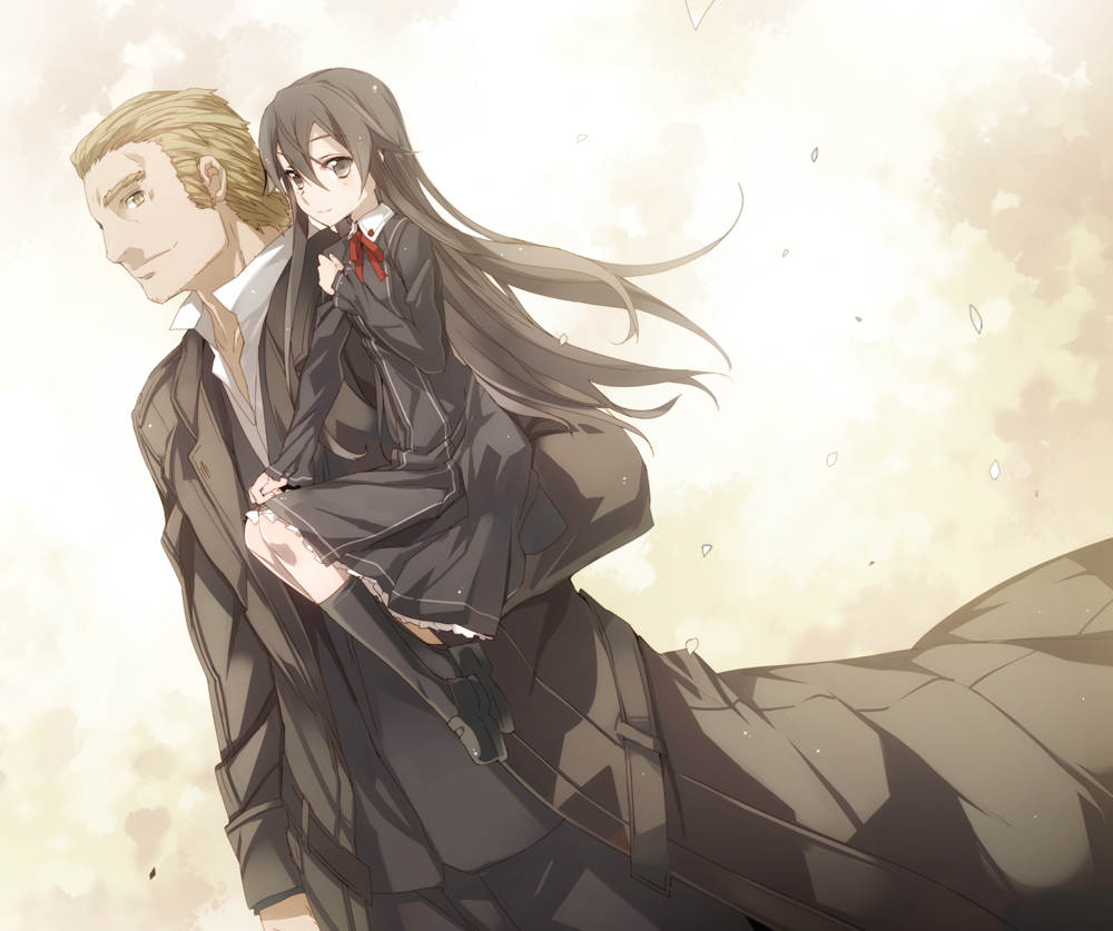 black_legwear, blonde_hair, brown_eyes, brown_hair, bunbun, carrying, dress, footwear, formal, long_hair, machiya_matia, managa_(polyphonica), managariastinocle_rag_eduraikerius, matia, polyphonica:the_black, shinkyoku_soukai_polyphonica, short_hair, sitting, sitting_on_arm, sitting_on_person, smile, socks, suit, trench_coat, yellow_eyes