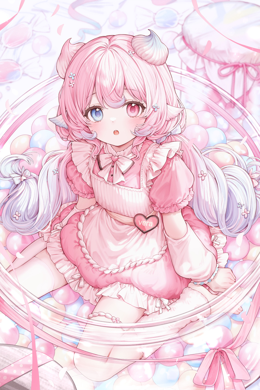 1girl, :o, apron, arms_at_sides, artist_request, blue_eyes, blurry, bow, bowtie, brooch, candy, character_name, commission, depth_of_field, double-parted_bangs, dress, food, food-themed_horns, frilled_dress, frills, heart, heart_brooch, heterochromia, highres, indie_virtual_youtuber, jar, jewelry, light_blush, long_hair, looking_at_viewer, mason_jar, mini_person, minigirl, name_tag, open_mouth, pale_skin, pastel_colors, petite, pink_dress, pink_hair, pink_theme, puffy_short_sleeves, puffy_sleeves, red_eyes, ribbon, second-party_source, short_dress, short_sleeves, sitting, solo, surprised, teeth, twintails, upper_teeth_only, vera_(vtuber), very_long_hair, wariza, white_apron, white_arm_warmers, wrapped_candy, yume_kawaii