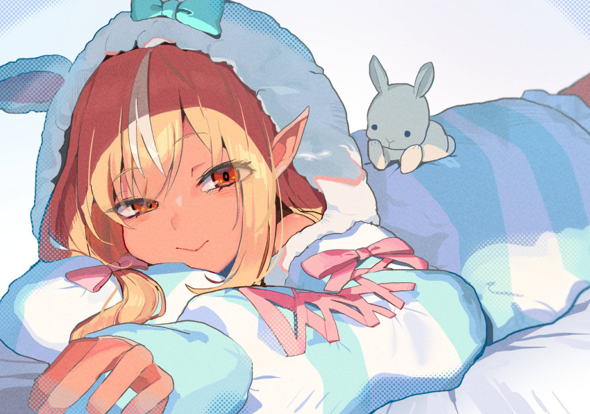1girl, blonde_hair, blue_jacket, brown_eyes, bun_(bun_5u), commentary, dark-skinned_female, dark_elf