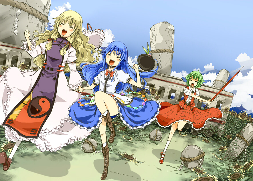 bare_legs, blonde_hair, blue_hair, boots, closed_eyes, cross-laced_footwear, dutch_angle, eichi_(0903275), eyes_closed, flower, green_hair, hand_holding, hat, hat_removed, headwear_removed, hinanawi_tenshi, holding_hands, kazami_yuuka, lace-up_boots, long_hair, long_skirt, multiple_girls, open_mouth, rock, running, shide, shimenawa, short_hair, skirt, skirt_set, smile, sunflower, touhou, train, umbrella, yakumo_yukari, yin_yang, youkai