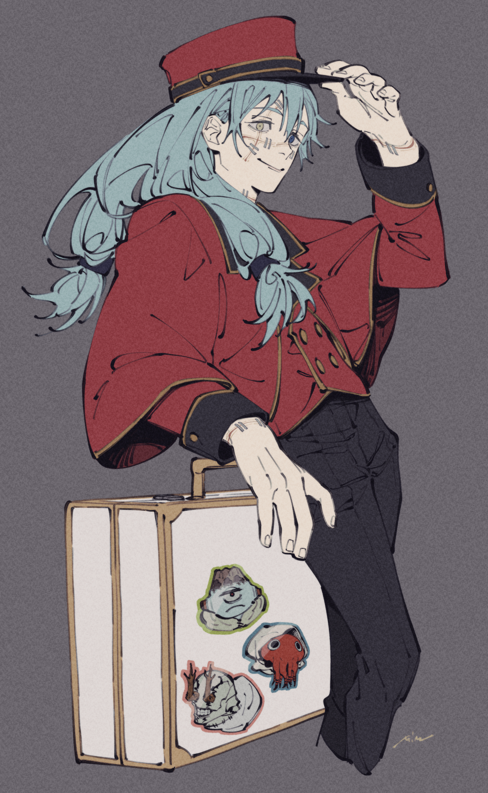 1boy, adjusting_clothes, adjusting_headwear, alternate_costume, arm_up, bell-boy_hat, bellhop_uniform, black_pants