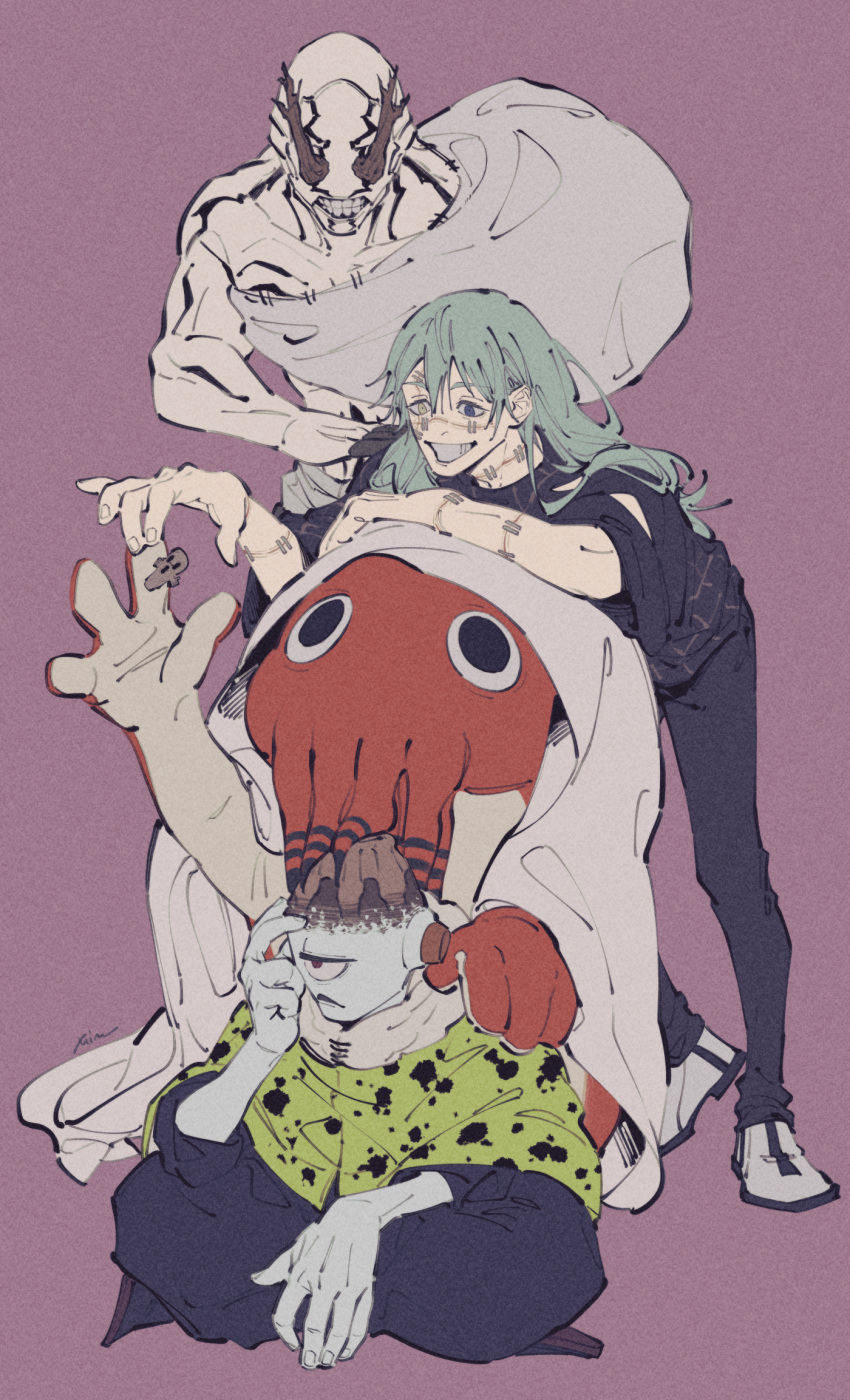 commentary, cursed_spirit_(jujutsu_kaisen), dagon_(jujutsu_kaisen), facial_mark, hair_between_eyes, hanami_(jujutsu_kaisen), heterochromia, highres, horns_on_eye_sockets, jogo_(jujutsu_kaisen), jujutsu_kaisen, long_hair, mahito_(jujutsu_kaisen), mim_(mimya0600), one-eyed, stitched_arm, stitched_face, stitched_neck, stitches, teeth