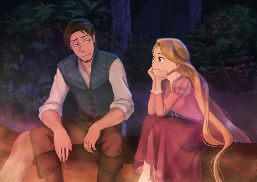 1boy, 1girl, black_hair, blonde_hair, disney, dress, flynn_rider, long_hair