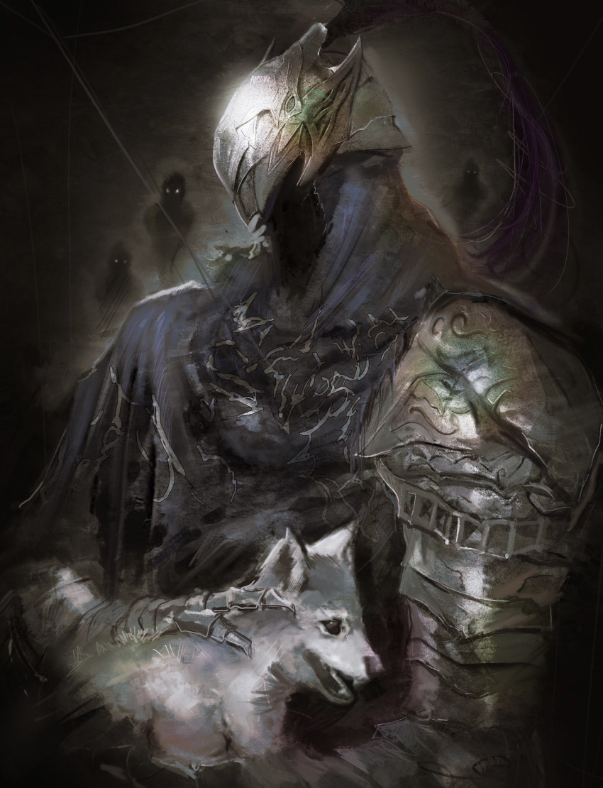 1boy, abyssmalenia, animal, armor, artorias_the_abysswalker, baby_animal, blue_cloak, cloak