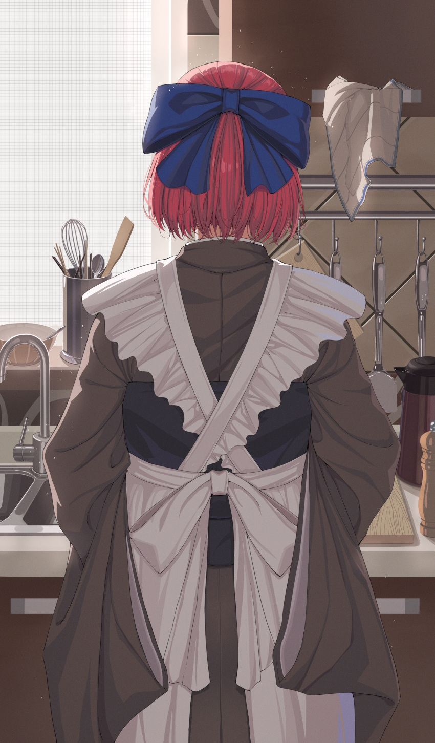 1girl, absurdres, apron, blue_ribbon, commentary, cutting_board, faucet, from_behind