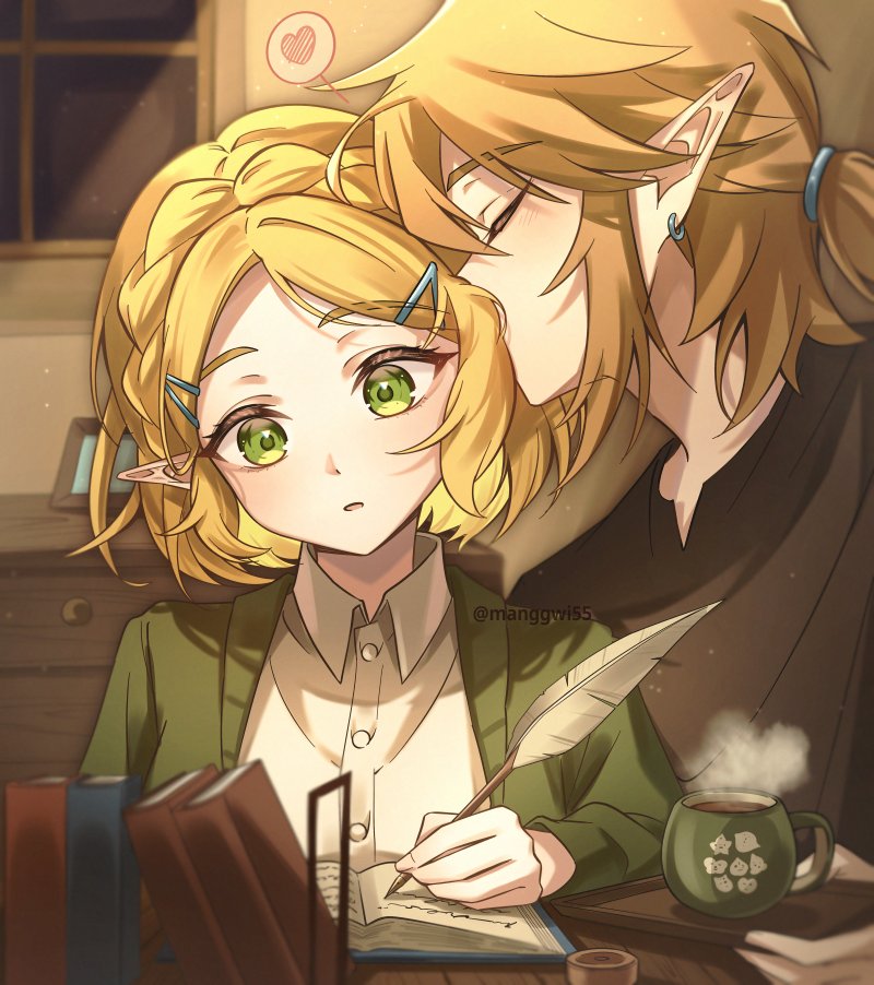 1boy, 1girl, alternate_costume, book, braid, closed_eyes, commentary_request, crown_braid
