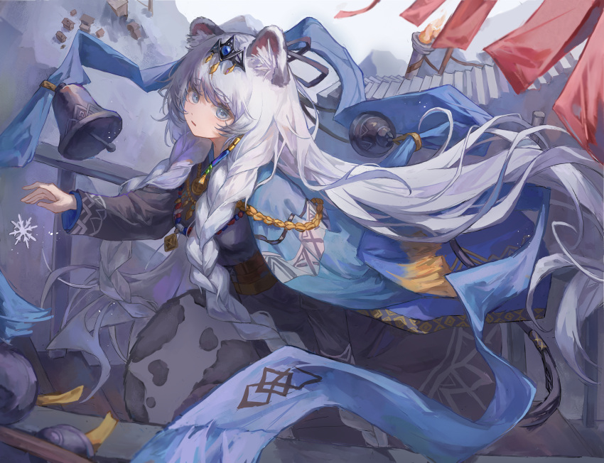 1girl, animal_ear_fluff, animal_ears, arknights, bell, black_dress, blue_cloak, braid