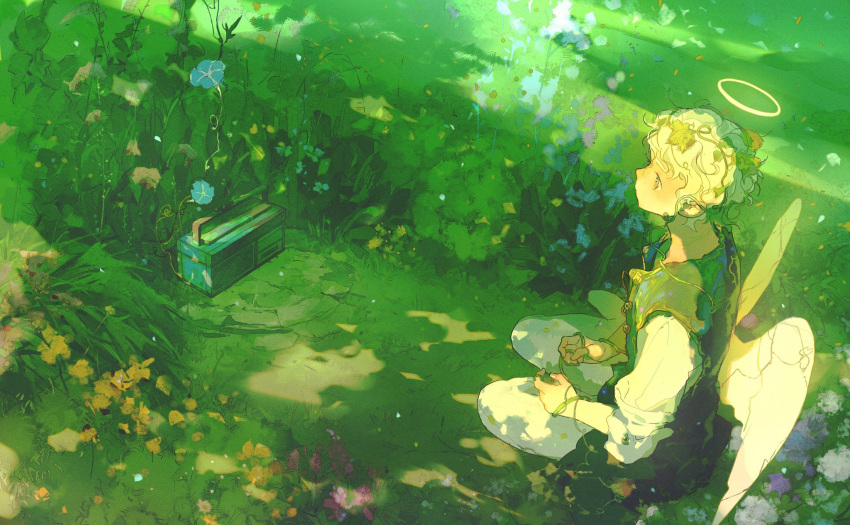 1boy, angel, angel_wings, blue_flower, flower, grass, halo, highres