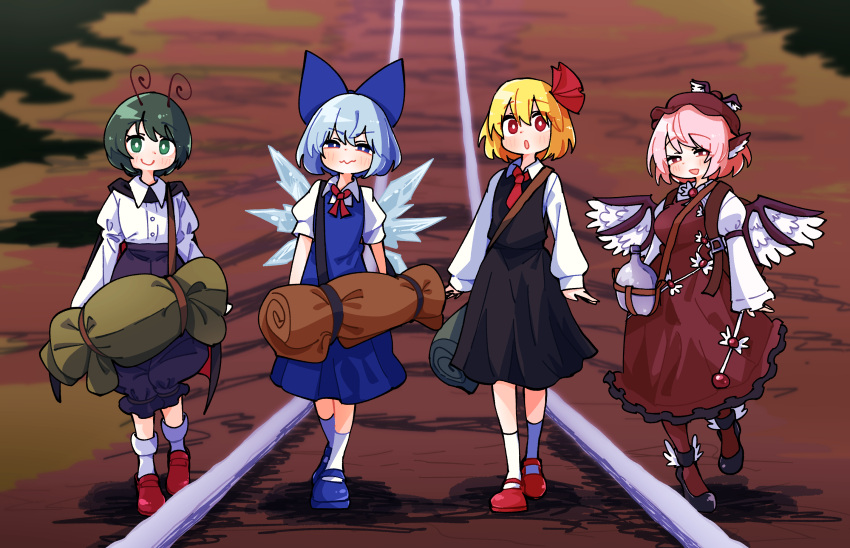 4girls, :o, animal_ears, bird_ears, bird_wings, black_pants, black_shoes, black_skirt