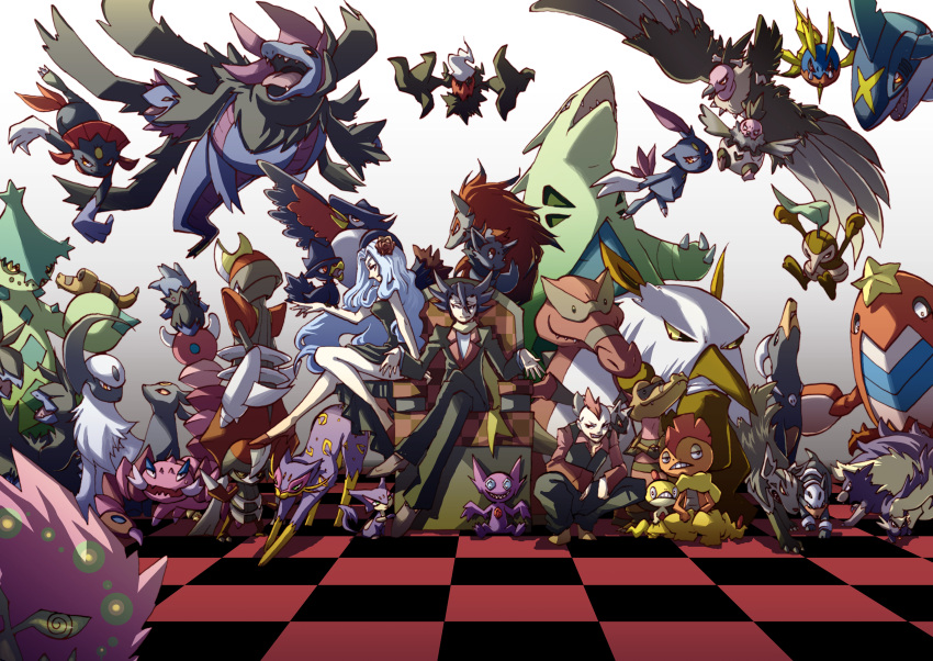 1girl, 2boys, absol, absurdres, bird, bisharp, black_hair, blue_eyes