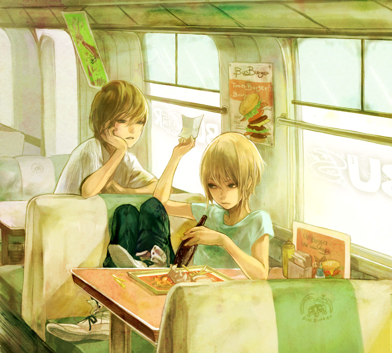 blonde_hair, booth, bottle, brothers, brown_hair, food, french_fries, multiple_boys