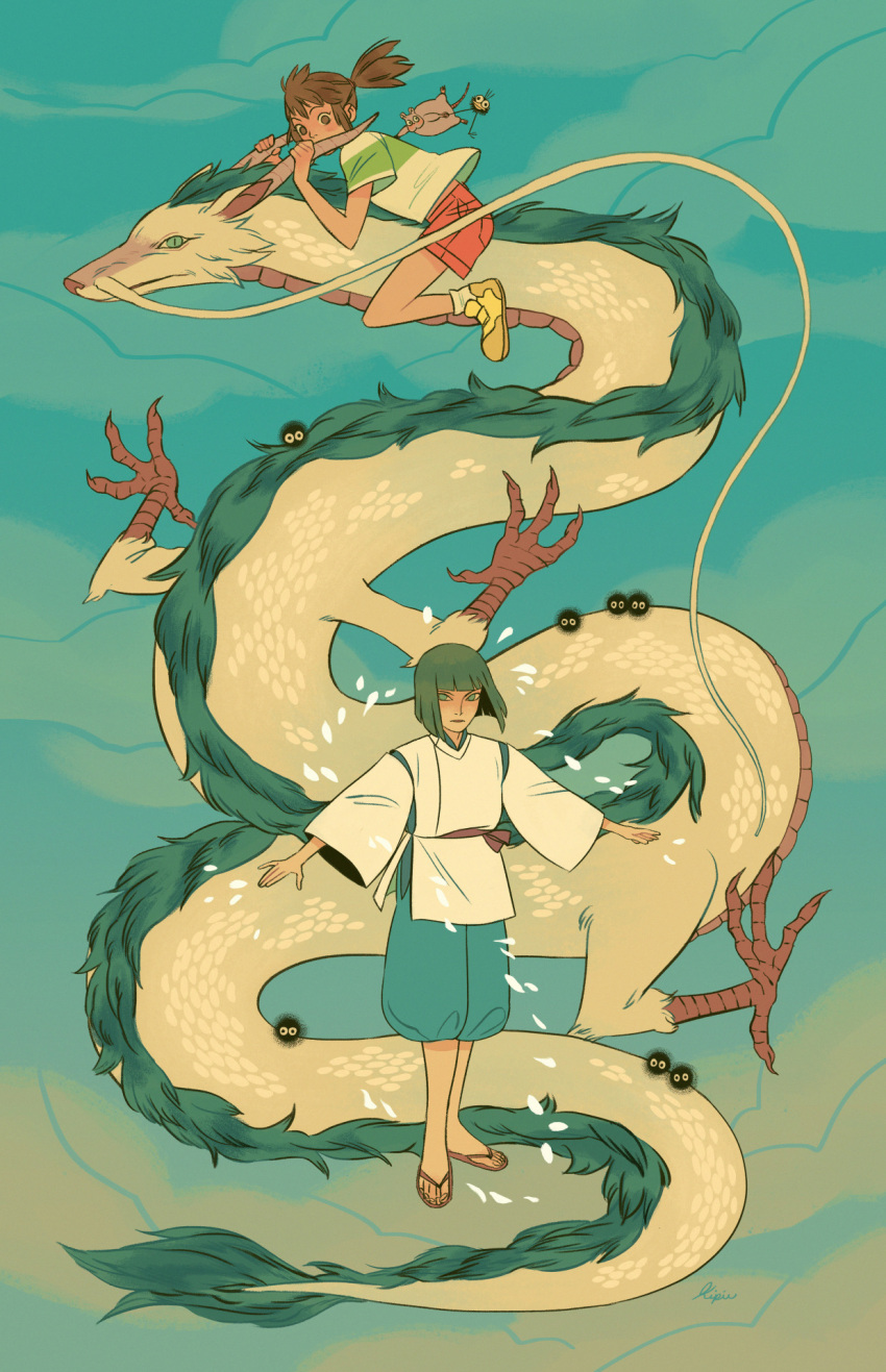 bob_cut, bou_(sen_to_chihiro_no_kamikakushi), brown_hair, clouds, dragon, eastern_dragon, floating, haku_(sen_to_chihiro_no_kamikakushi)