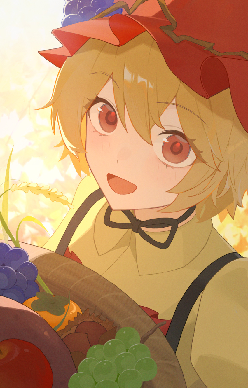 1girl, aki_minoriko, apple, apron, black_choker, blonde_hair, choker, collared_shirt
