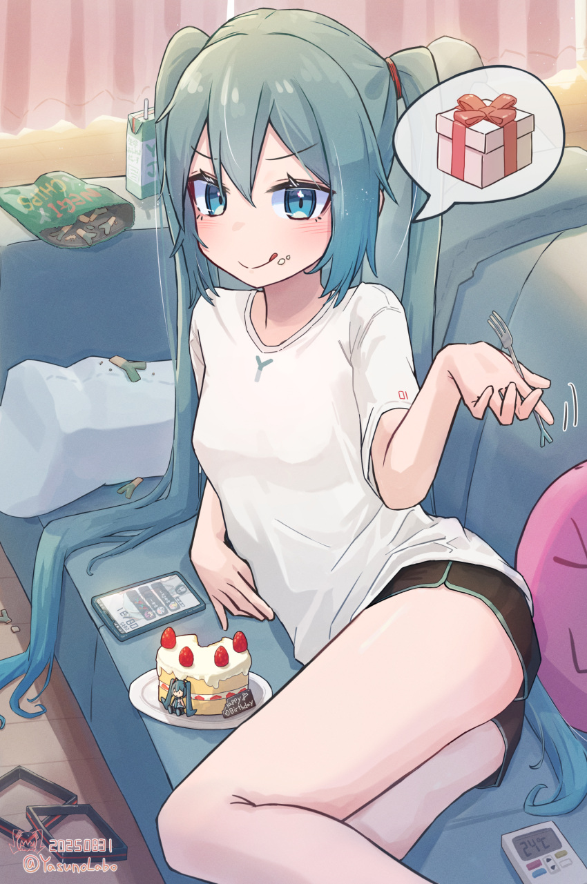1girl, :q, aqua_eyes, aqua_hair, bag_of_chips, beckoning, breasts, cake