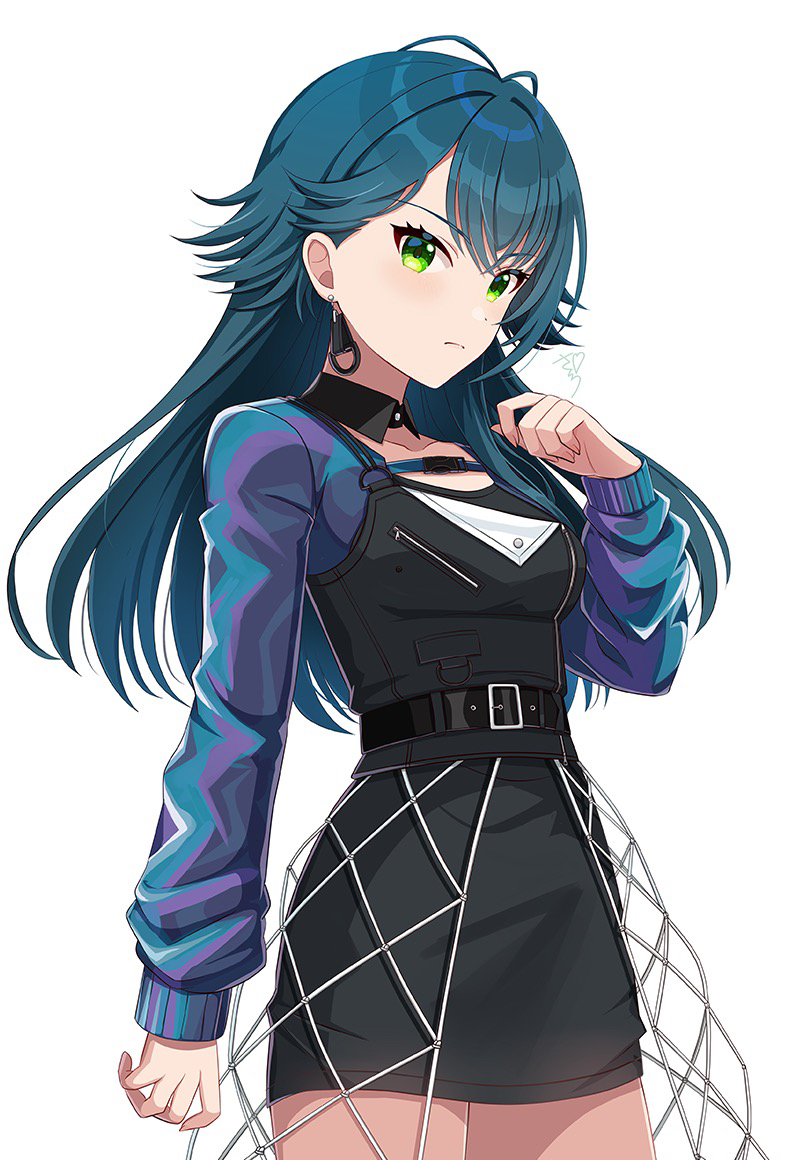 1girl, antenna_hair, arm_at_side, belt, belt_buckle, black_belt, black_skirt, black_vest