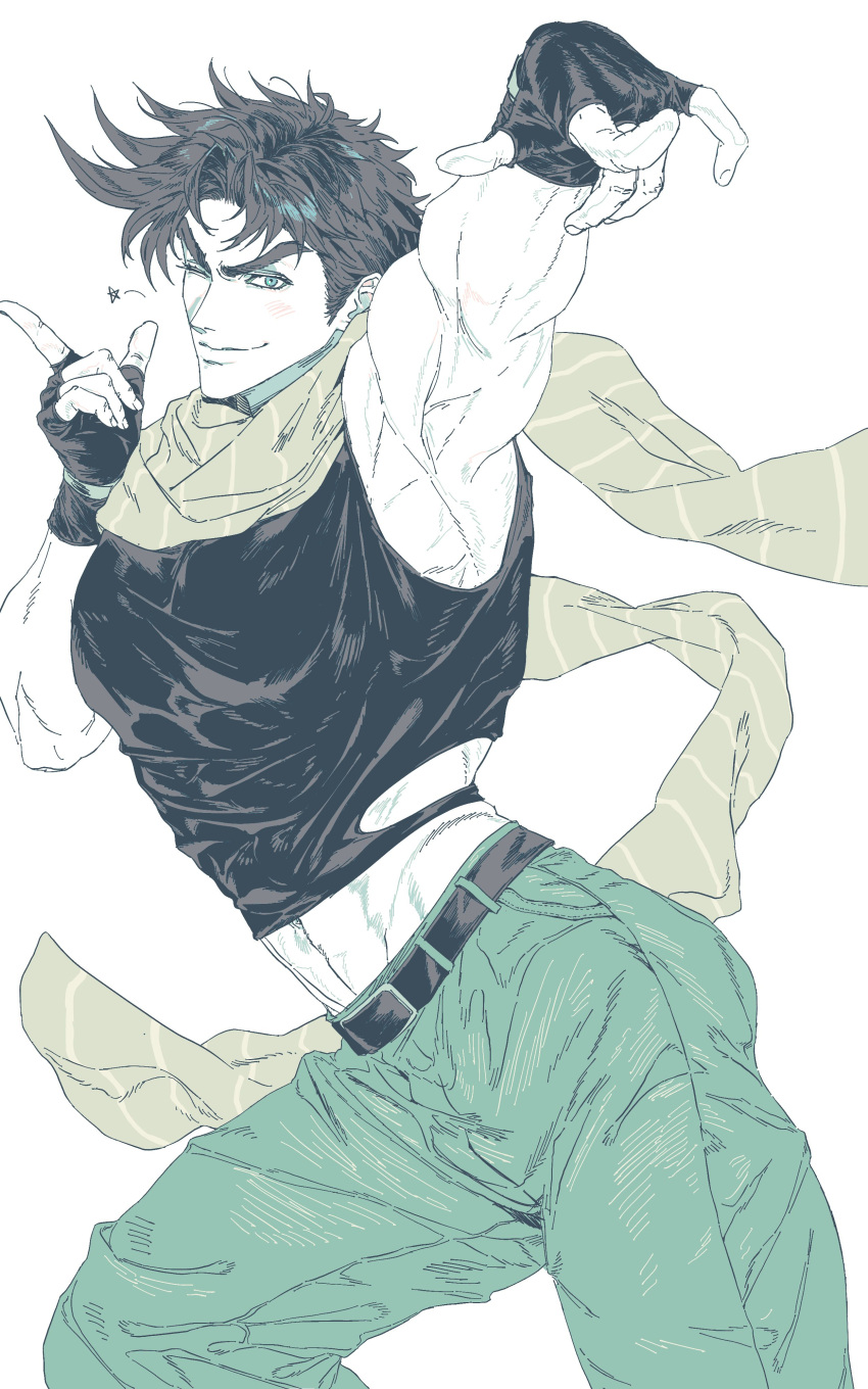 1boy, abs, absurdres, battle_tendency, belt, crop_top, dangsineun_meotjyeo!, fingerless_gloves