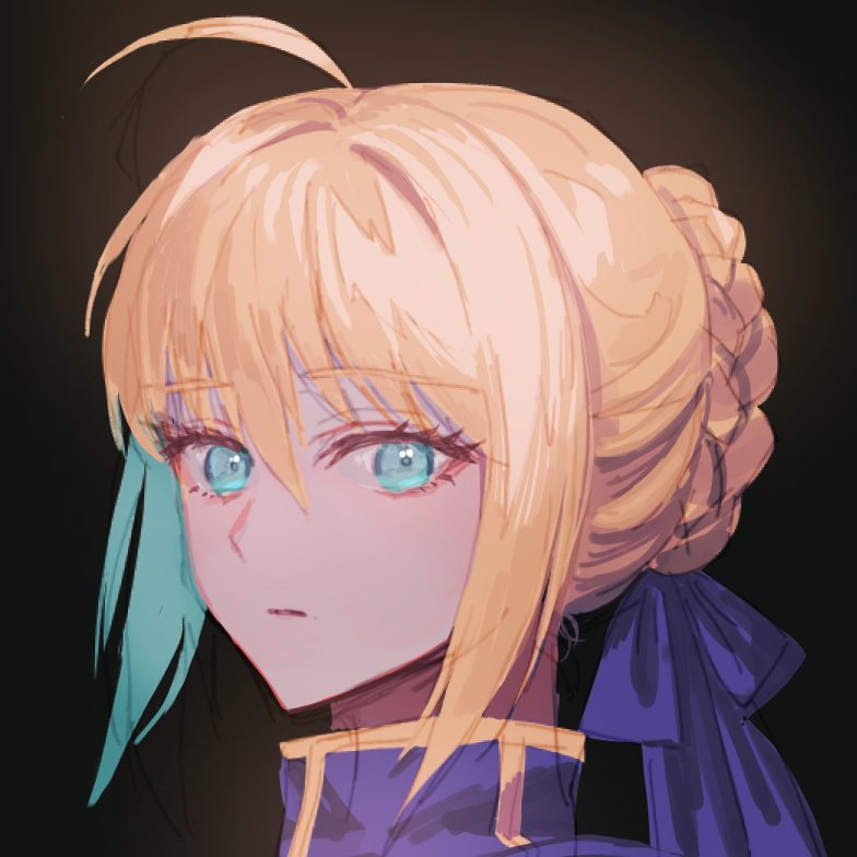 1girl, ahoge, aqua_hair, artoria_pendragon_(fate), blonde_hair, braid, dangsineun_meotjyeo!, eyelashes, fate/stay_night, fate_(series), green_eyes, hair_bun, hair_ribbon, looking_at_viewer, multicolored_hair, portrait, ribbon, saber_(fate), solo, two-tone_hair