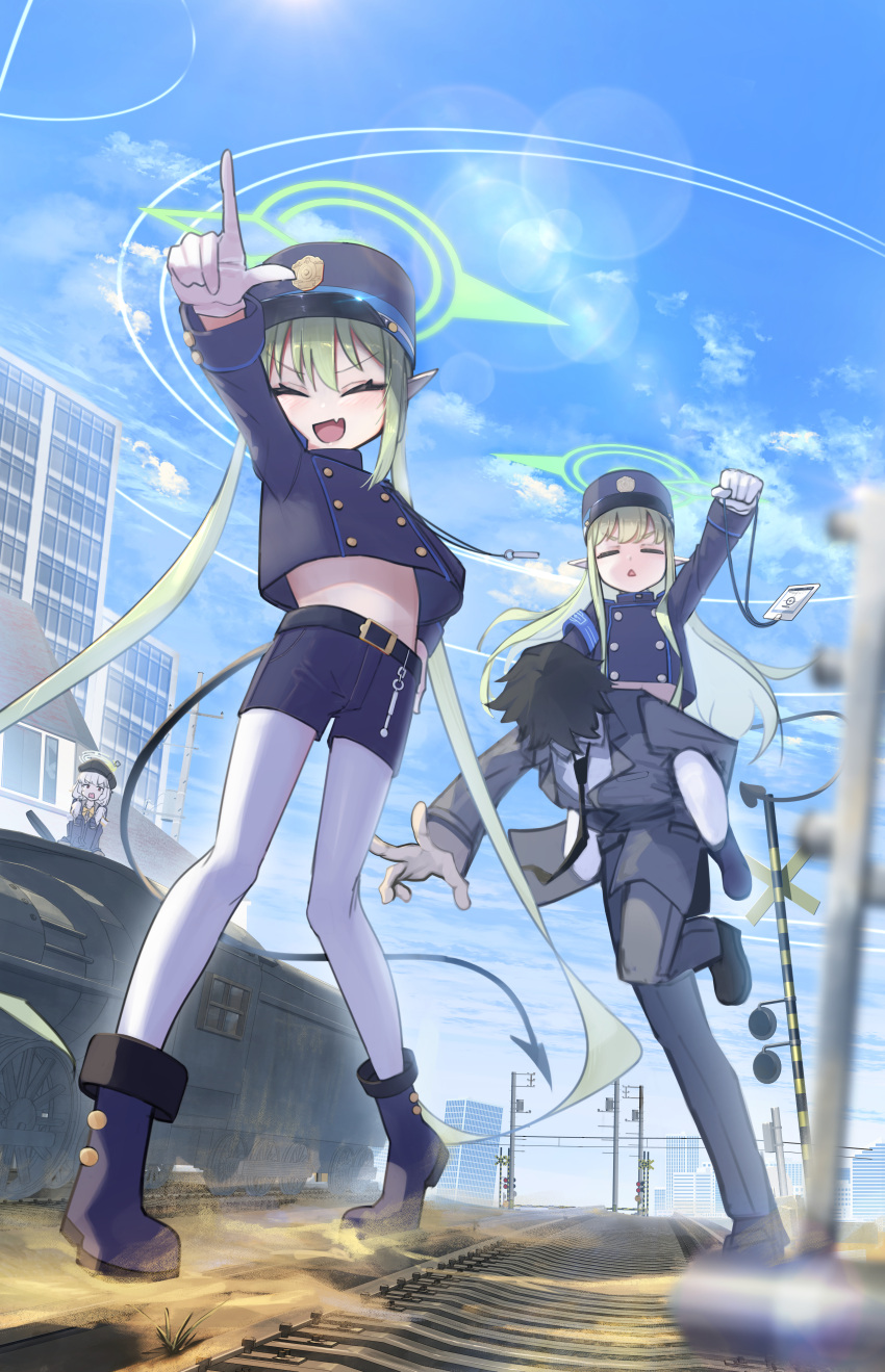 1boy, 3girls, :d, ^_^, absurdres, animal_ears, aoba_(blue_archive), armband