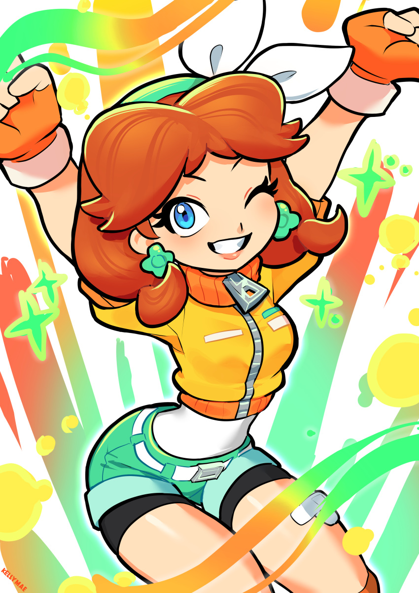 1girl, absurdres, aqua_hairband, aqua_shorts, arched_back, arms_up, bike_shorts, bike_shorts_under_shorts