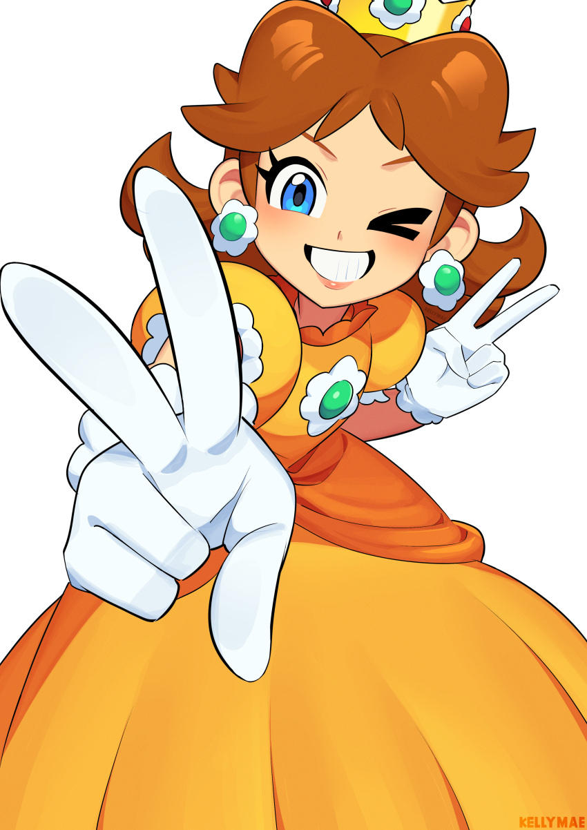 >_o, 1girl, absurdres, artist_name, ball_gown, blue_eyes, brooch, brown_hair