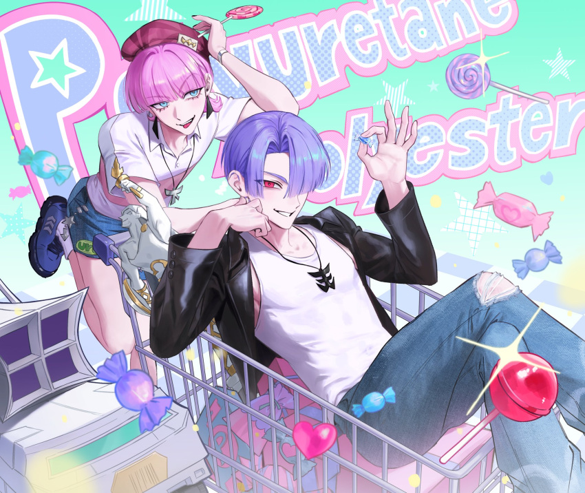 2boys, black_jacket, blue_eyes, blunt_bangs, brothers, candy, character_name, denim