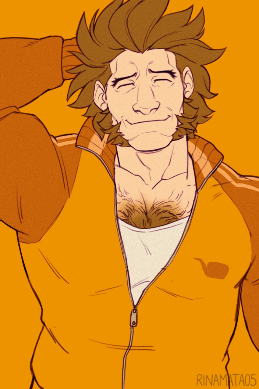 1boy, ace_attorney, arm_behind_head, arm_up, artist_name, brown_hair, chest_hair, closed_eyes