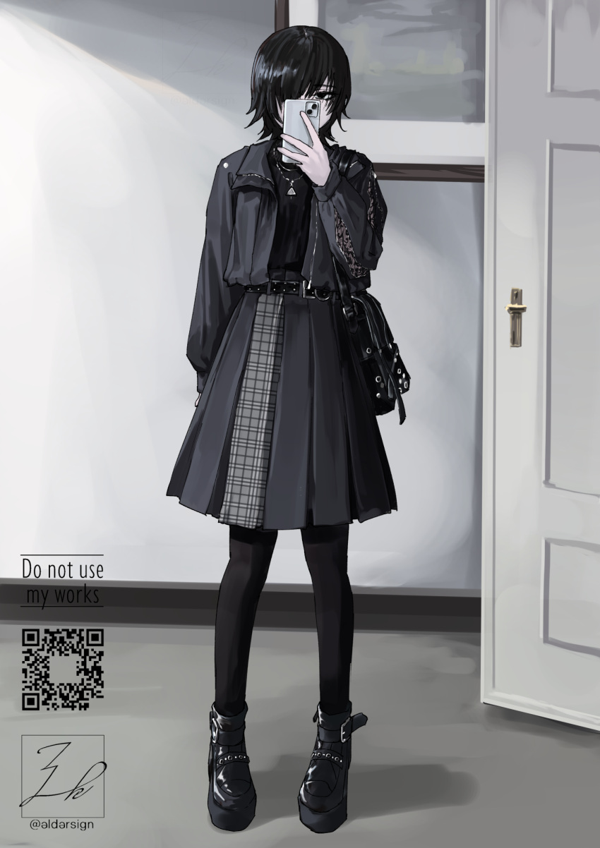 1girl, artist_name, bag, belt, black_coat, black_eyes, black_hair, black_pantyhose